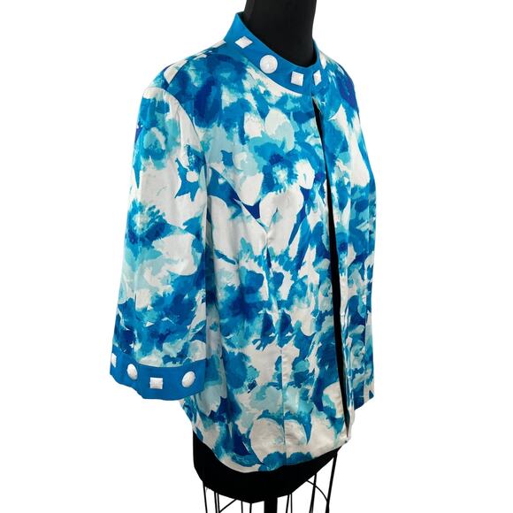 DANA KEY Blue White Watercolor Floral Embellished Jacket 3/4 Sleeve Plus 16W - Picture 1 of 11